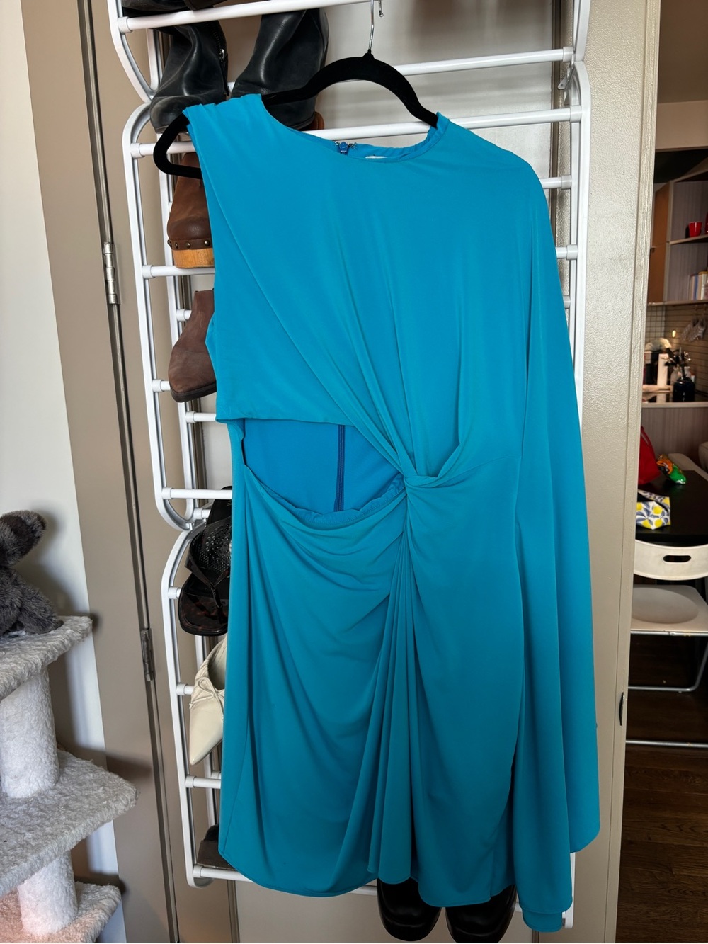 Halston Heritage Teal Asymmetric One-Shoulder Draped Dress